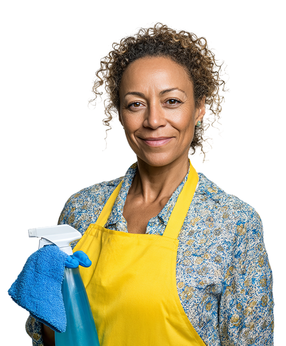 Femme d'âge moyen tenant des produits de nettoyage essentiels, symbolisant le soutien.